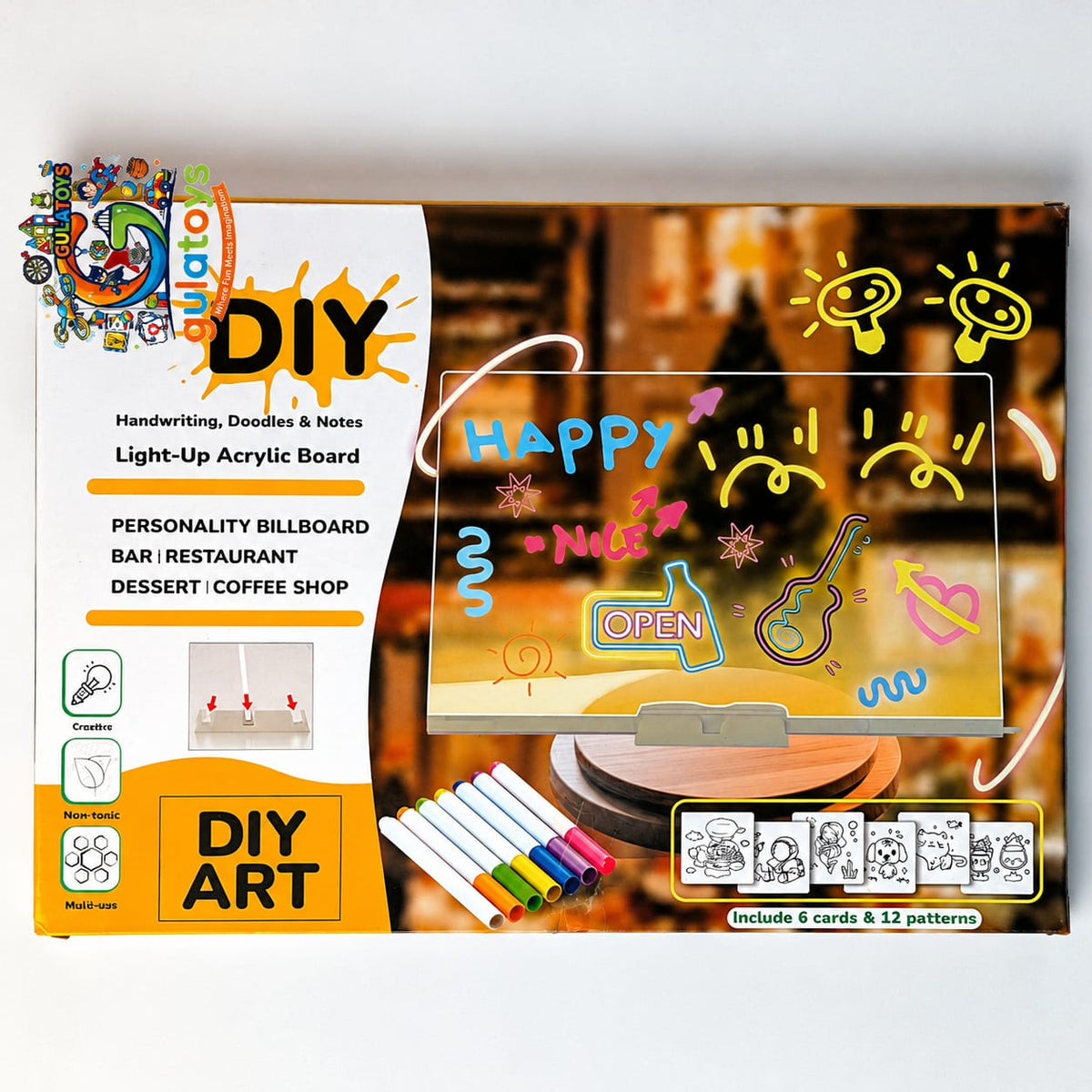 DIY acrylic art board kit packaging by Gulatoys, featuring a clear acrylic board with colorful printed examples of drawings and text, shown on a white background.