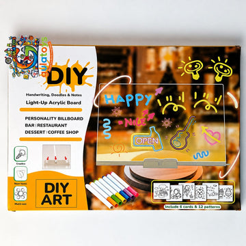 DIY acrylic art board kit packaging by Gulatoys, featuring a clear acrylic board with colorful printed examples of drawings and text, shown on a white background.