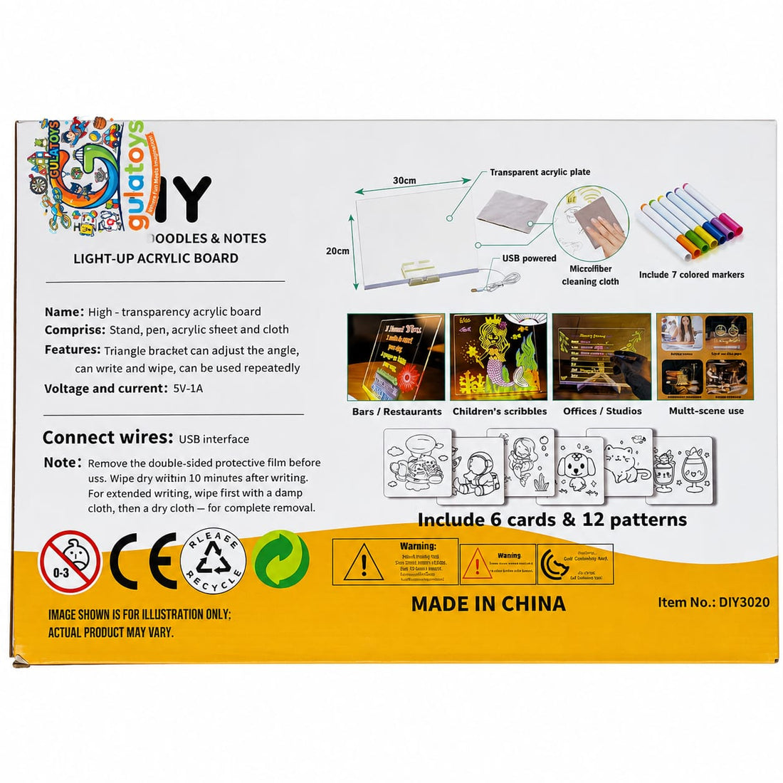 DIY acrylic art board kit packaging by Gulatoys, featuring a clear acrylic board with colorful printed examples of drawings and text, shown on a white background.