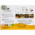 The back of a white and yellow retail box for a children's drawing and writing set by gulo toys, showing product details, included accessories, safety icons, and small usage photos.