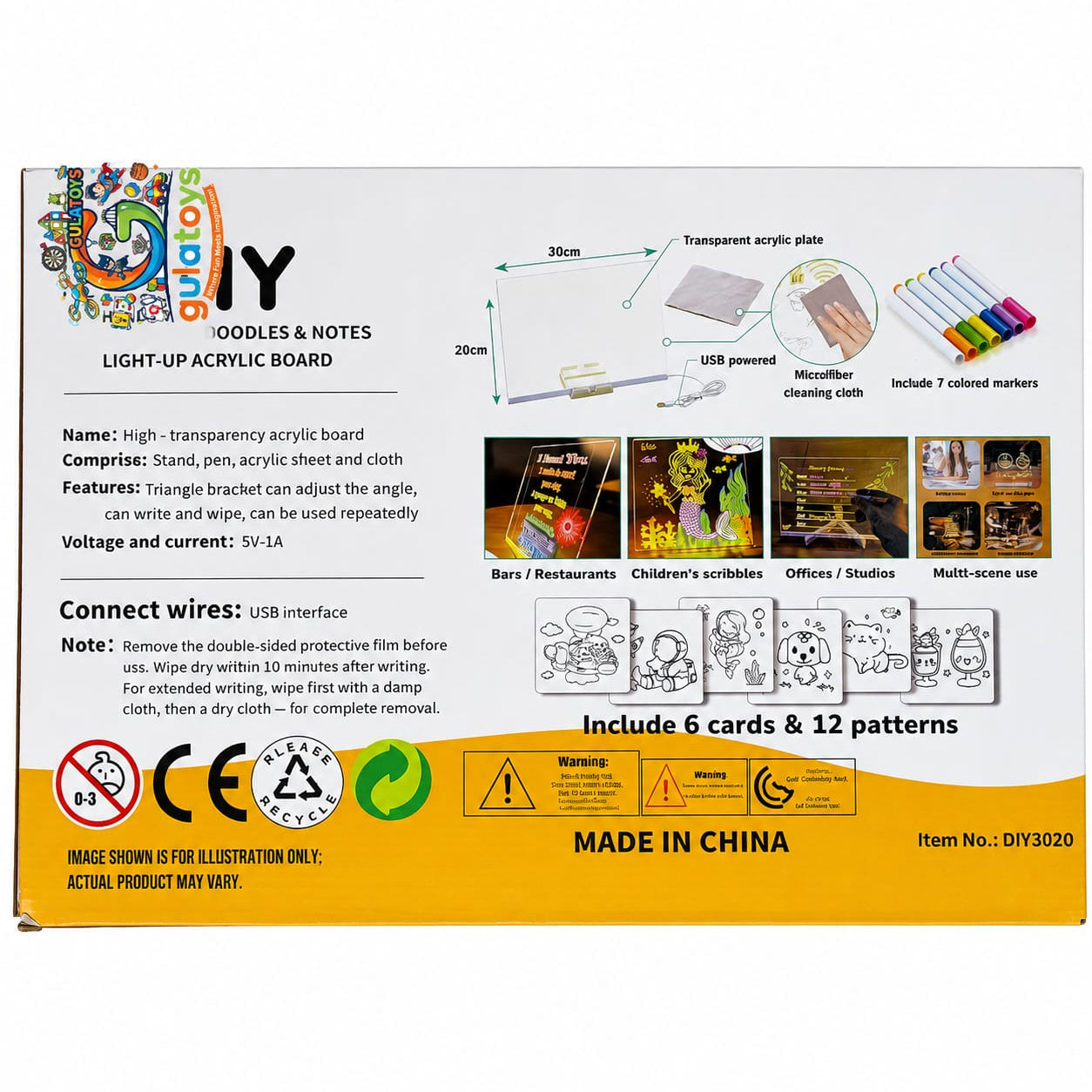 The back of a white and yellow retail box for a children's drawing and writing set by gulo toys, showing product details, included accessories, safety icons, and small usage photos.